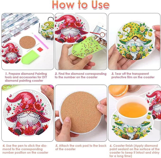 ijbnhd 8 Pack Diamond Art Coasters Kits Gnome | Diamond Painting Coasters Kit