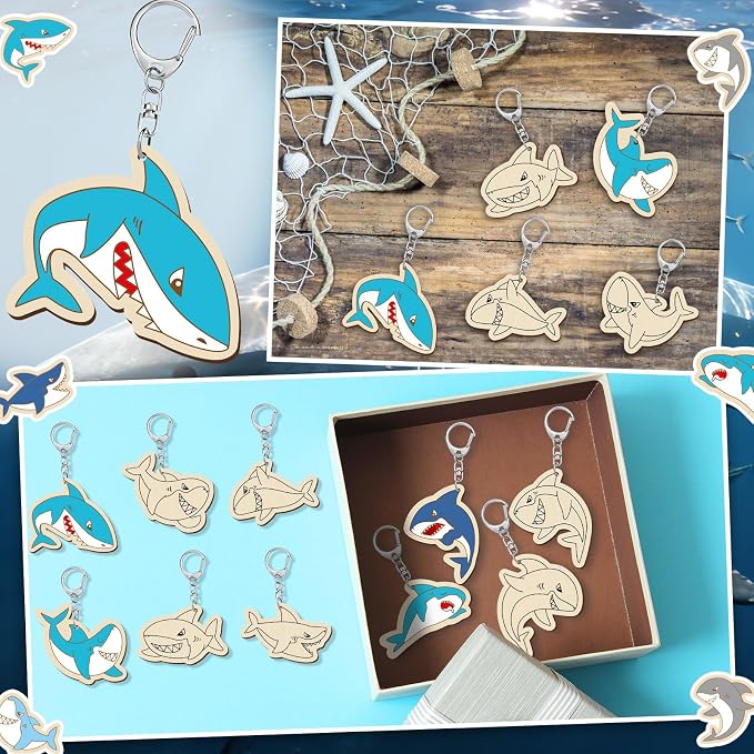 RattanView 24 Pcs Summer Shark Crafts Color Your Own Keychains DIY Craft Wooden