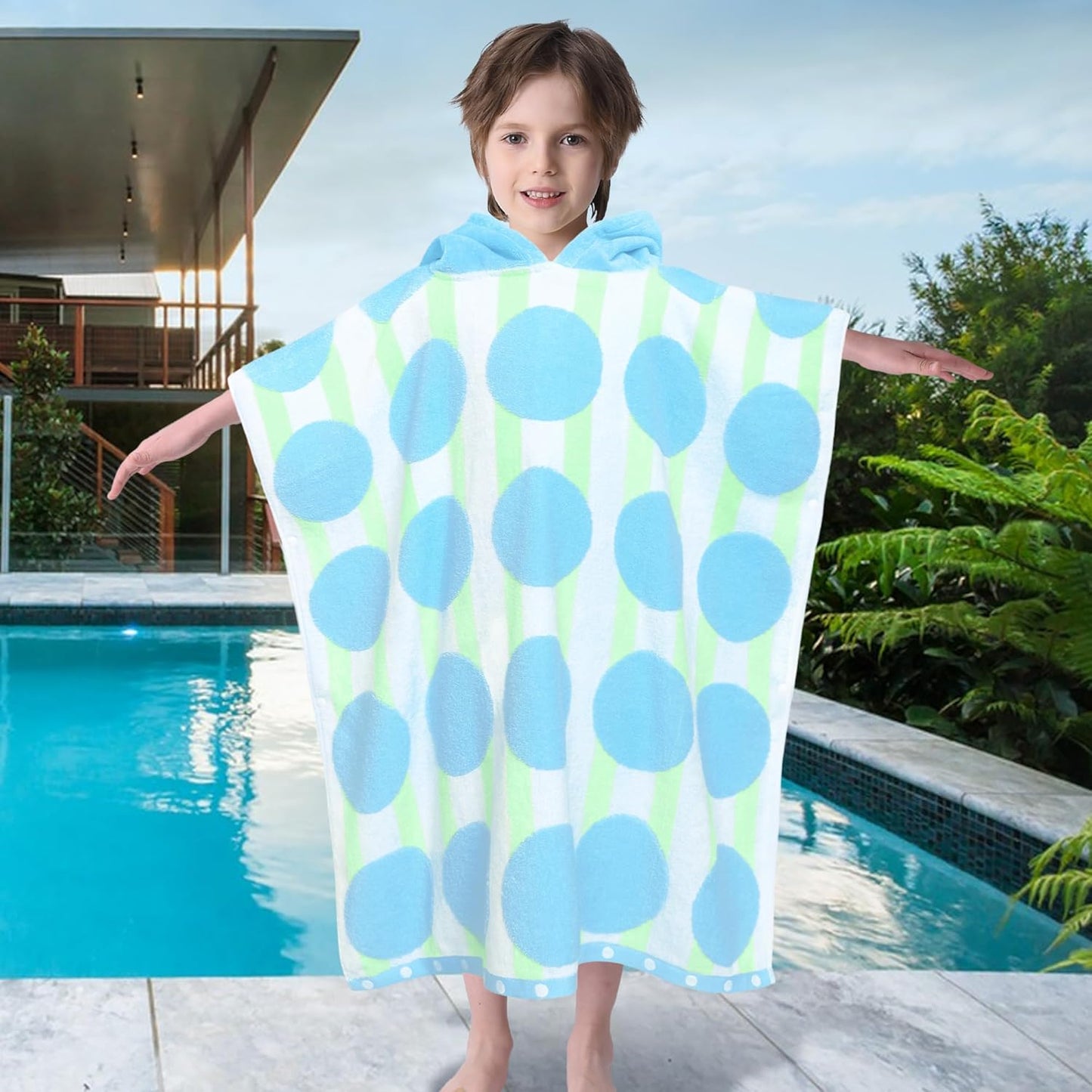 VOOVA & MOVAS Kids Poncho Towels with Hood (4-8Years), Absorbent Quick Dry Lightweight Hooded Beach Towel for Pool | Swim | Bath, Blue Dot Strip
