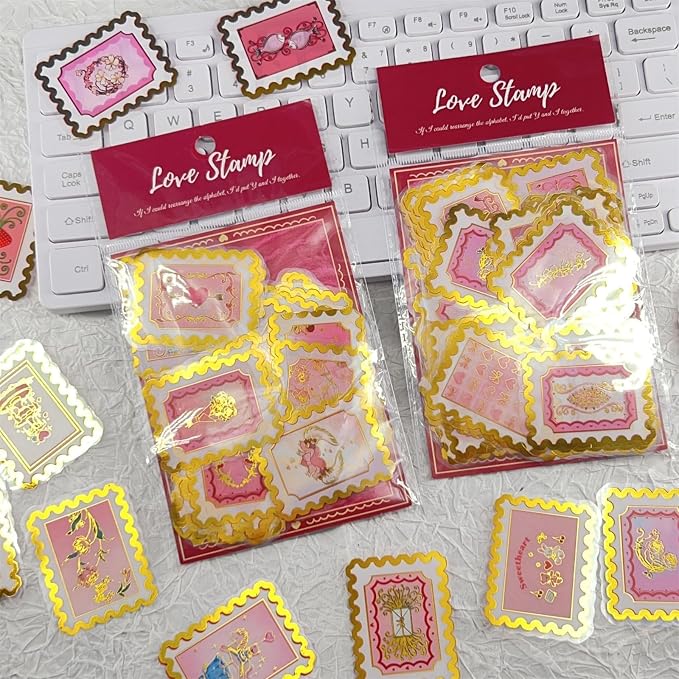 50 Pieces of Gold-Embossed Cartoon Love Stamp Stickers, Suitable