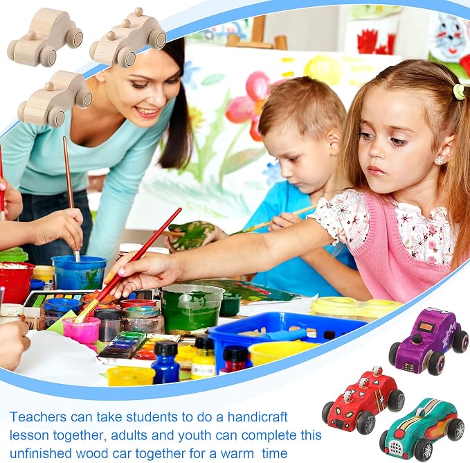 Sumind 12 Pieces Wood DIY Car Toys Unfinished Wooden Cars Paintable Race Cars