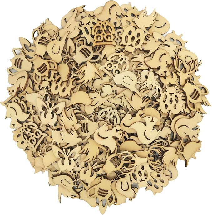 DIYOMR 200Pcs Hollow Wood Pieces Unfinished Wooden Vintage Embellishments