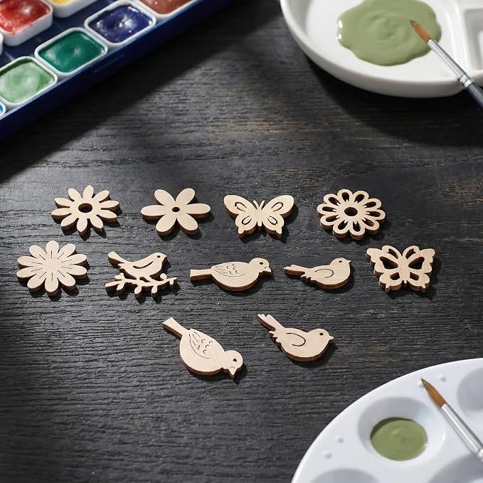 Amosfun 100PCS Wooden Cutouts for Crafts, Unfinished Wood Flowers Bird and