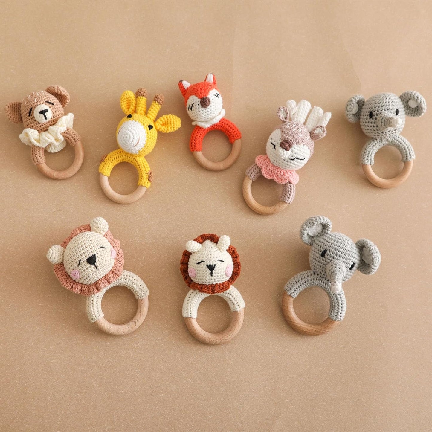 Wooden Baby Rattle,Crochet Elephant Rattle with Wood Ring, Newborn Wooden Animal Rattle Toy,Infant Elephant Wood Rattle Toys
