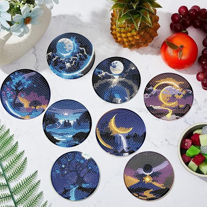 Gemozaic 8PCS Diamond Art Coasters Kit, Moon Night Landscape Diamond Painting