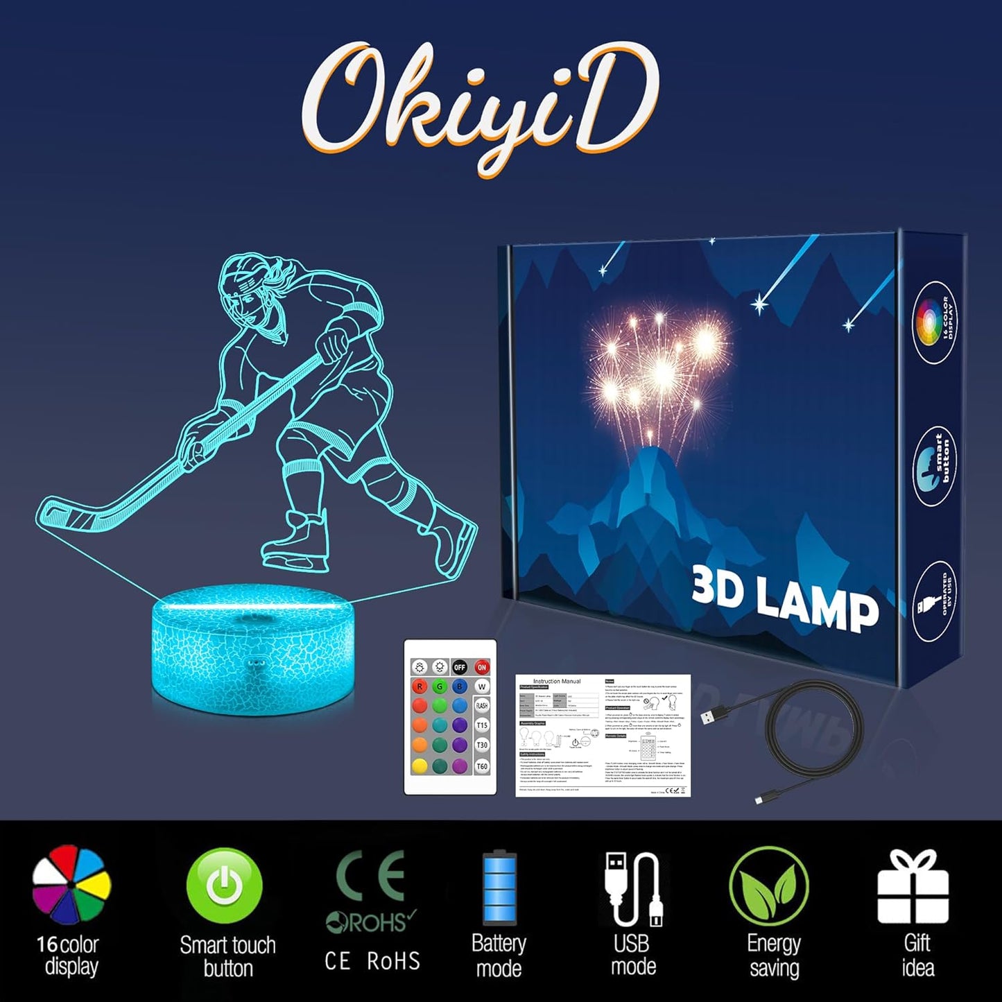 Hockey Gifts for Girls, Ice Hockey Girl Player 3D Illusion Lamp Night Light with 16 Colors Remote,Hockey Stuff Accessories for Best Friends Sister Sports Fan Lover Xmas Bedroom Decor Gifts