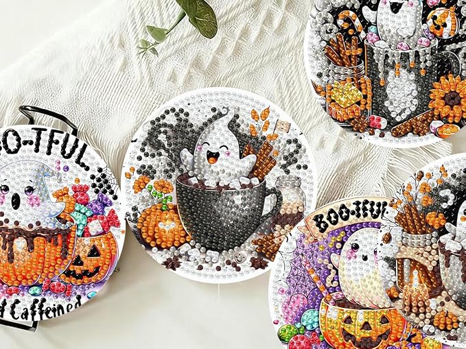 8 PCS Halloween Diamond Art Coasters Kits, Ghost Diamond Painting Coaster |