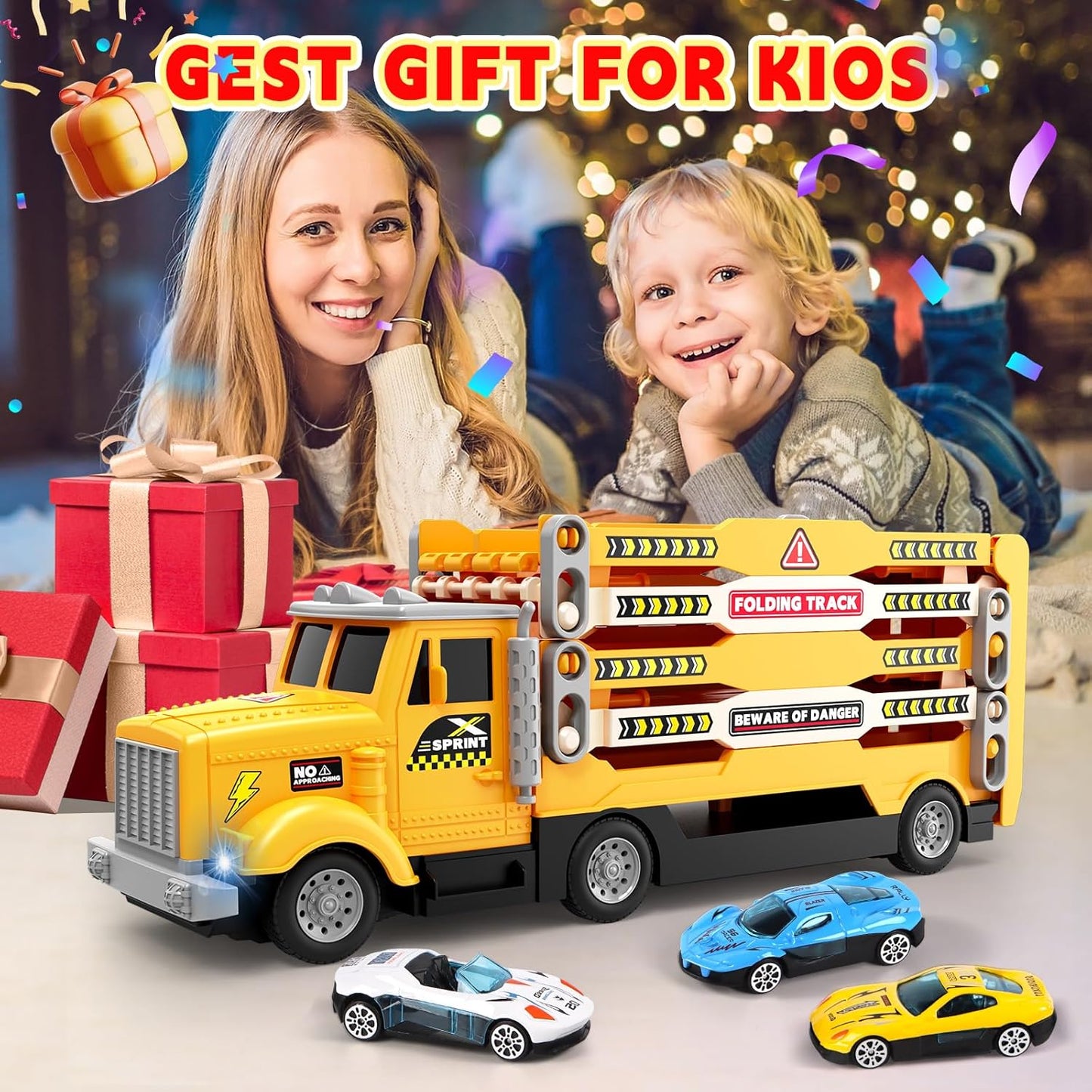 HONGTUO Race Track Truck Toy for Kids – Foldable 3-Layer Car Track Playset with 6 Vehicles, Light & Sound Transport Truck, Christmas & Birthday Gift for Boys and Girls Ages 3-6