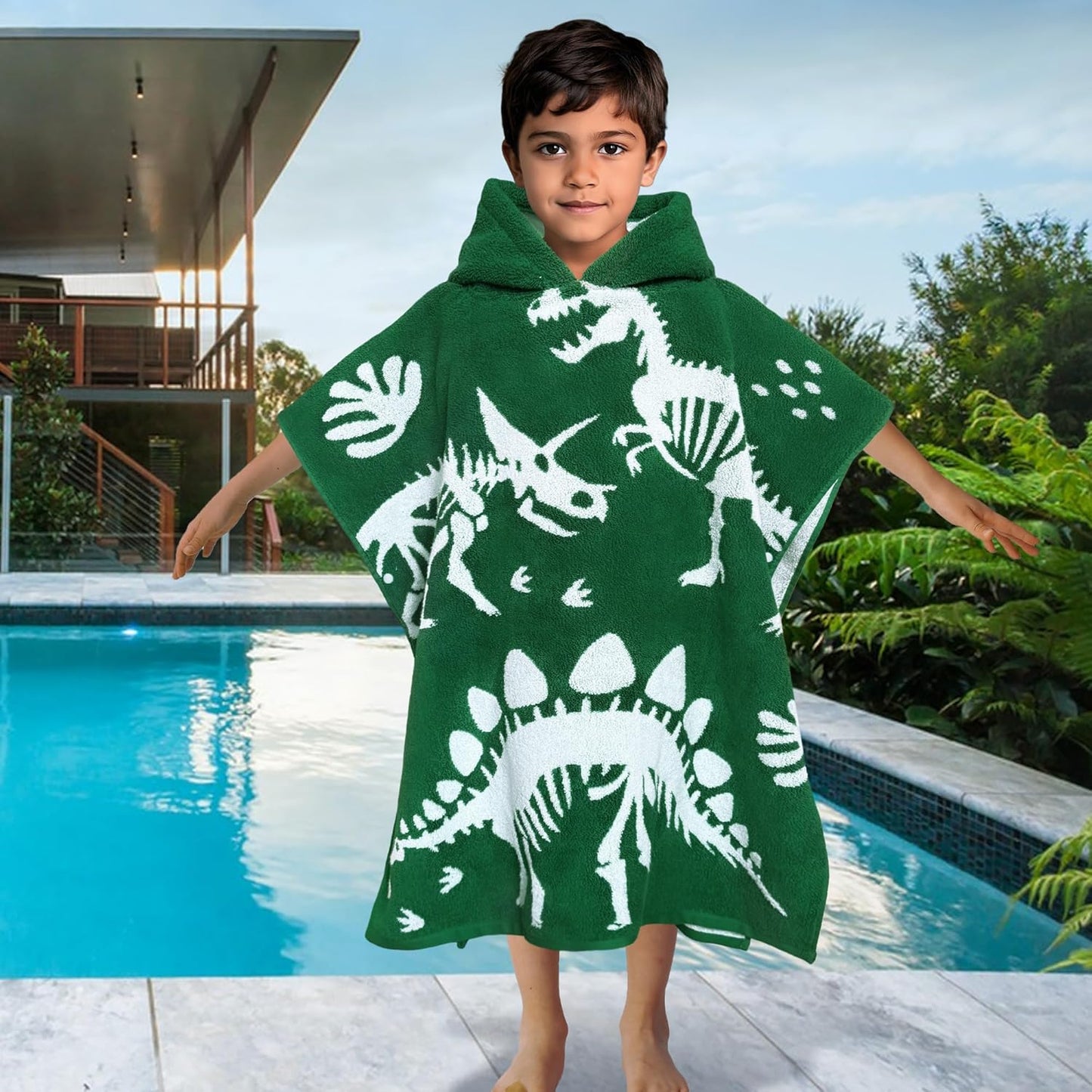 VOOVA & MOVAS Dinosaur Hooded Poncho Towels for Kids (4-8Years,28"x28"),Soft Cotton Thick Absorbent Towel Robe for Toddler Boys,Perfect for Bathroom | Pool | Swimming, Jacquard Green Dino
