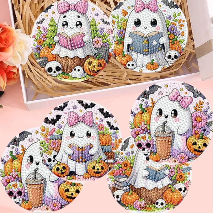 8 Pack Diamond Art Coasters, Halloween Ghost Diamond Painting Coasters Kits |
