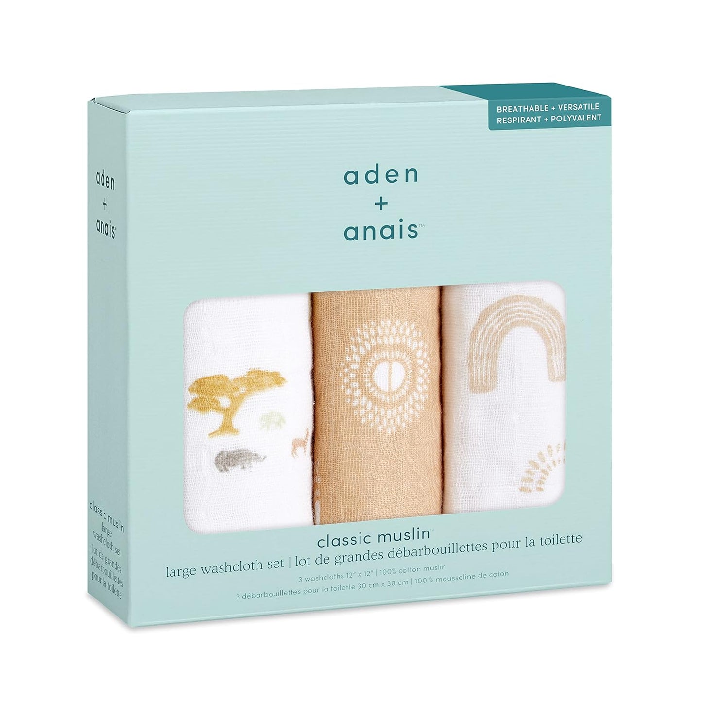 aden + anais Boutique Oversized Washcloth 3-Pack, Super Soft 100% Cotton Muslin, Gentle on Skin, 3 Absorbent 12x12 Layers, Softer with Every Use, Perfect for Babies, Infants, Toddlers, Keep Rising