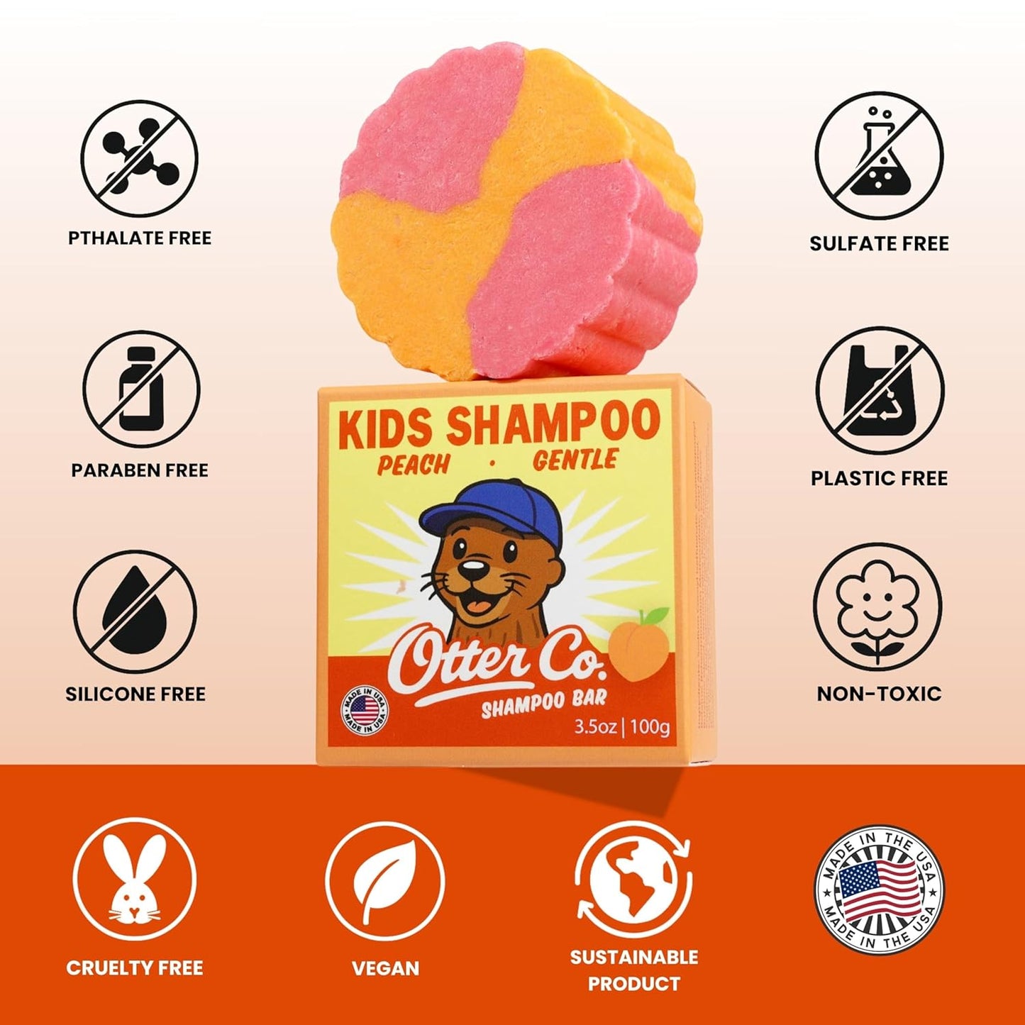 Otter co. Kids Gentle Peach Shampoo Bar – Tear Free Toddler Shampoo – Sulfate Free & Non Toxic – Made with Organic Ingredients – Vegan, Cruelty Free, Natural & Hydrating for All Hair, Made in USA