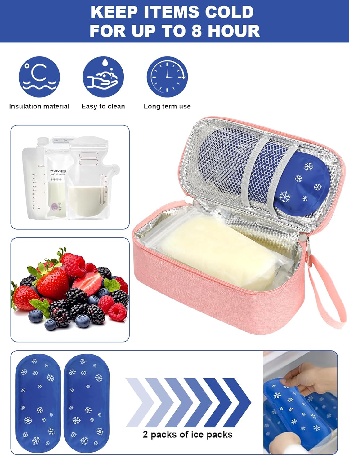 YOUSHARES Breastmilk Cooler Travel Bag with Digital Thermometer, Small Insulated Baby Milk Storage with 2 Ice Packs, Daycare and On-The-Go Moms (Pink)