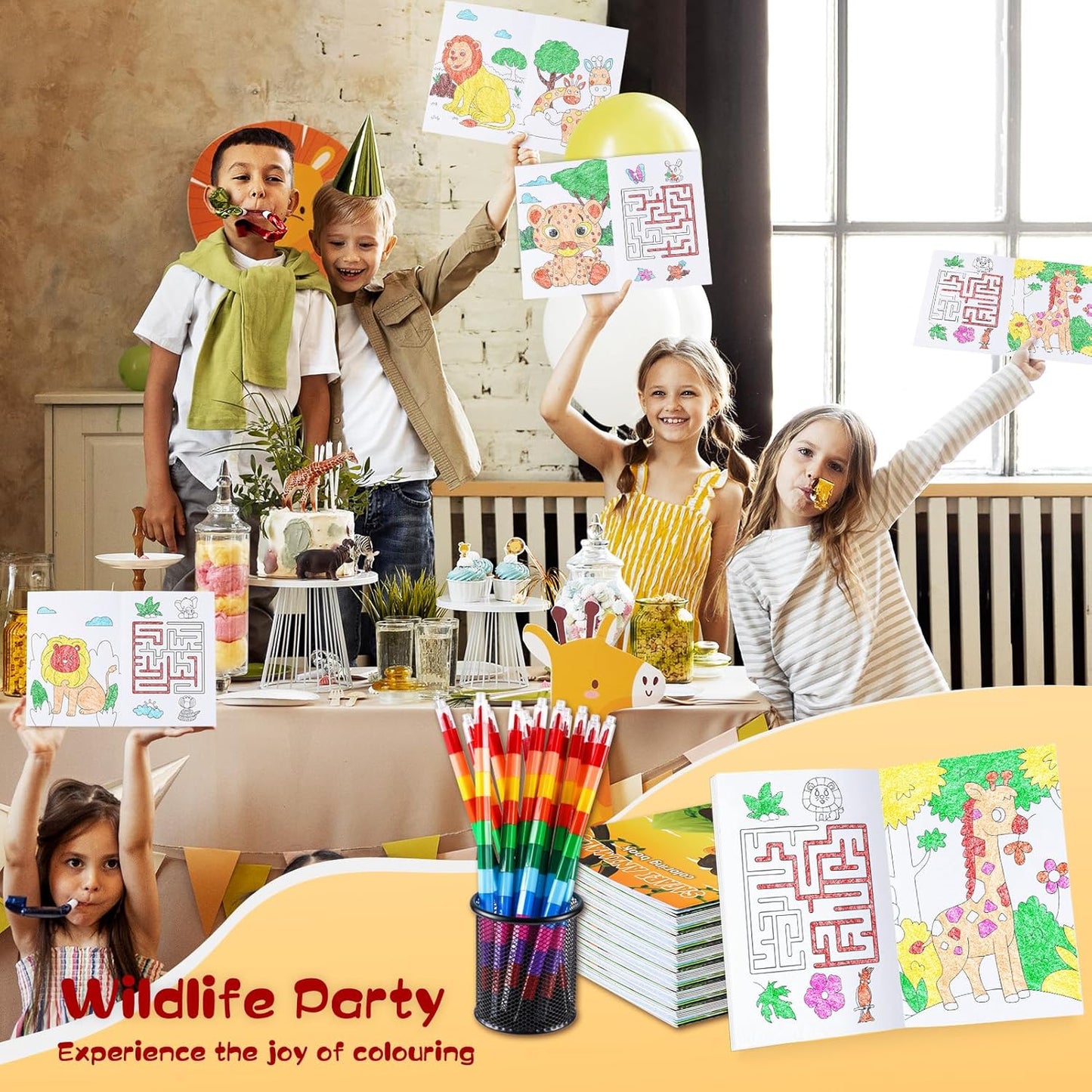 BenLouis 12 Jungle Safari Mini Coloring Books Kids with 12 Stacking Crayons Zoo Animals Lion Party Favors Small Activity Books Bulk for Kids Wild One Party Gift Goodie Bag Stuffers