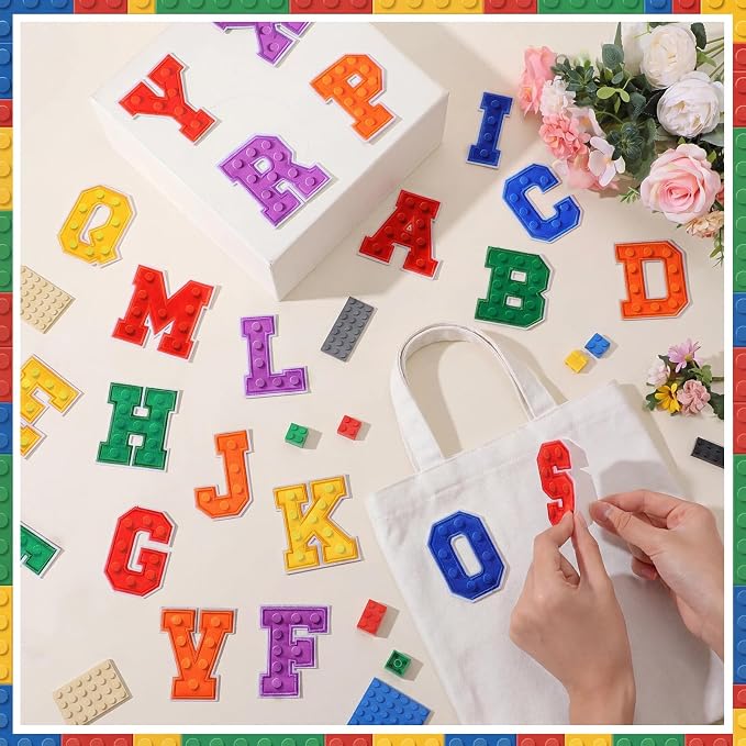 WILLBOND 52 Pcs Building Blocks Board Alphabet Patches 2.8 Inch Self Adhesive