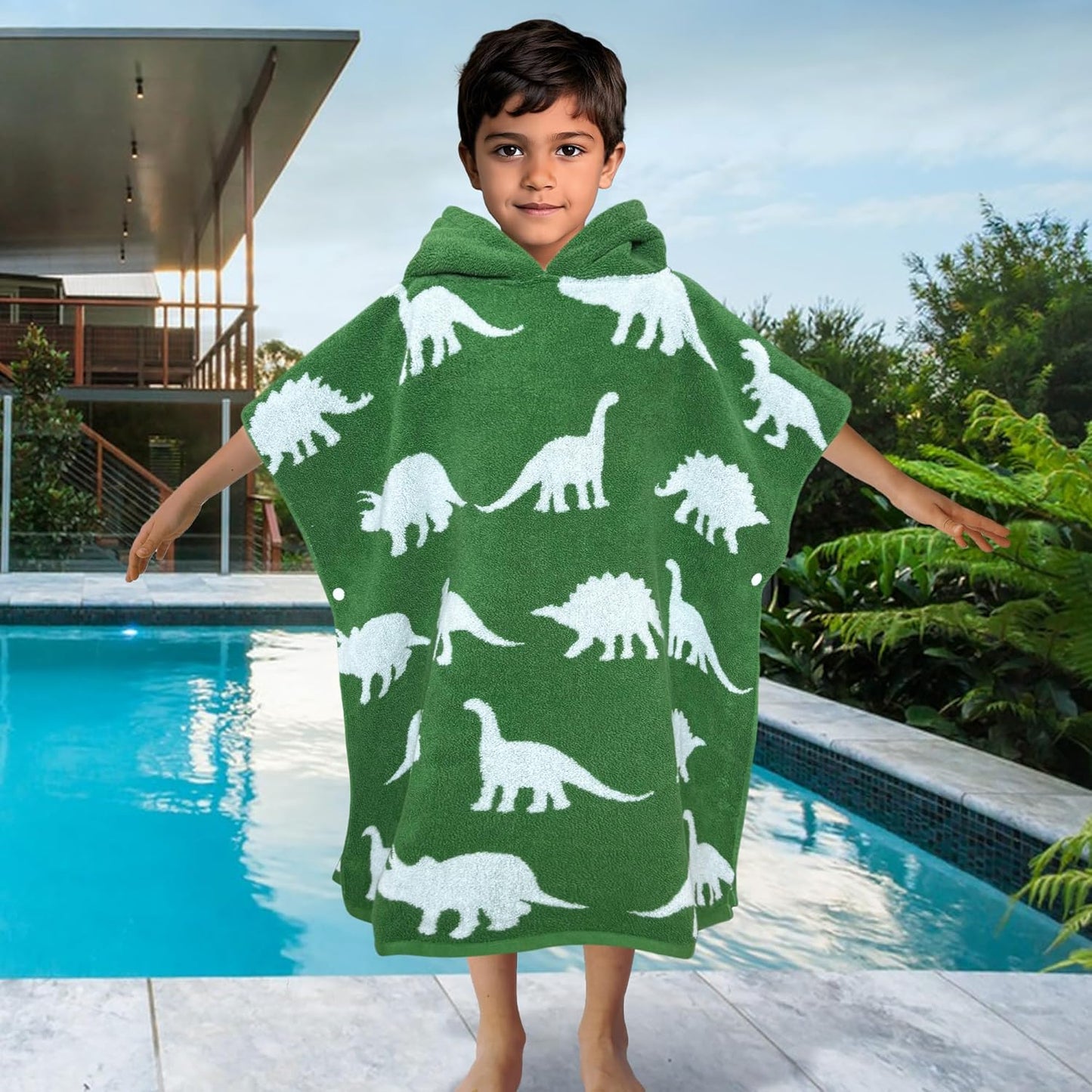 VOOVA & MOVAS Kids Poncho Towels with Hood (4-8Years,28"x28"),Soft Cotton Thick Absorbent Towel Robe for Toddler Boys,Perfect for Bathroom | Pool | Beach | Swimming, Jacquard Green Dinosaur