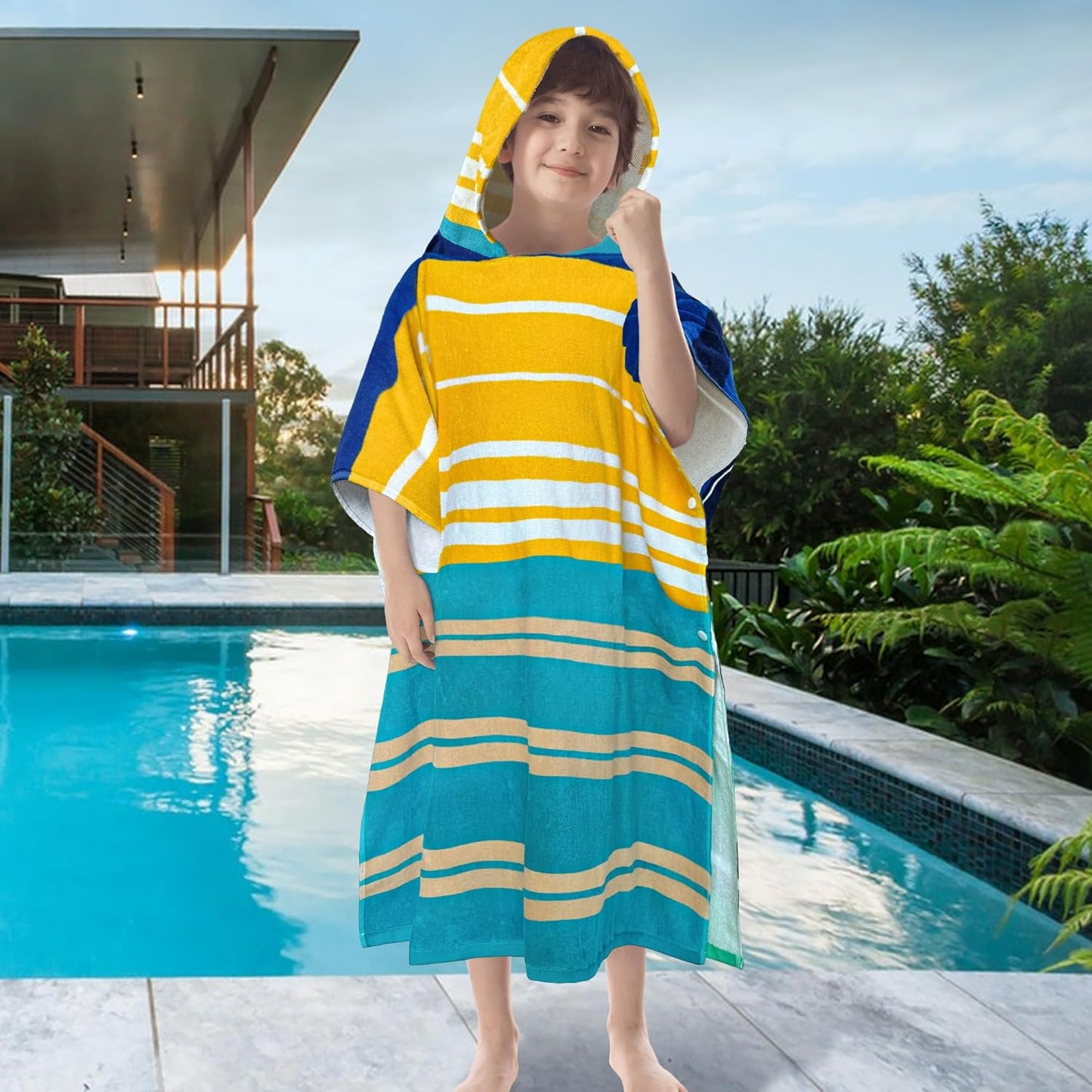 VOOVA & MOVAS Hooded Poncho Towels for Big Kids, Oversized (6-12Years,26"X64") Made from 100% Soft Cotton,Absorbent Bathrobe for Boys,Perfect for Pool| Swimming | Bathing | Beach, Blue Stripe