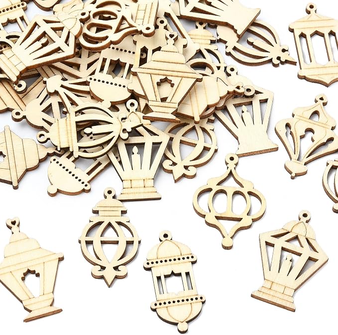 200 pcs Mixed Styles Hollow Lantern Theme Undyed Wood Cutout Charms Pyrography