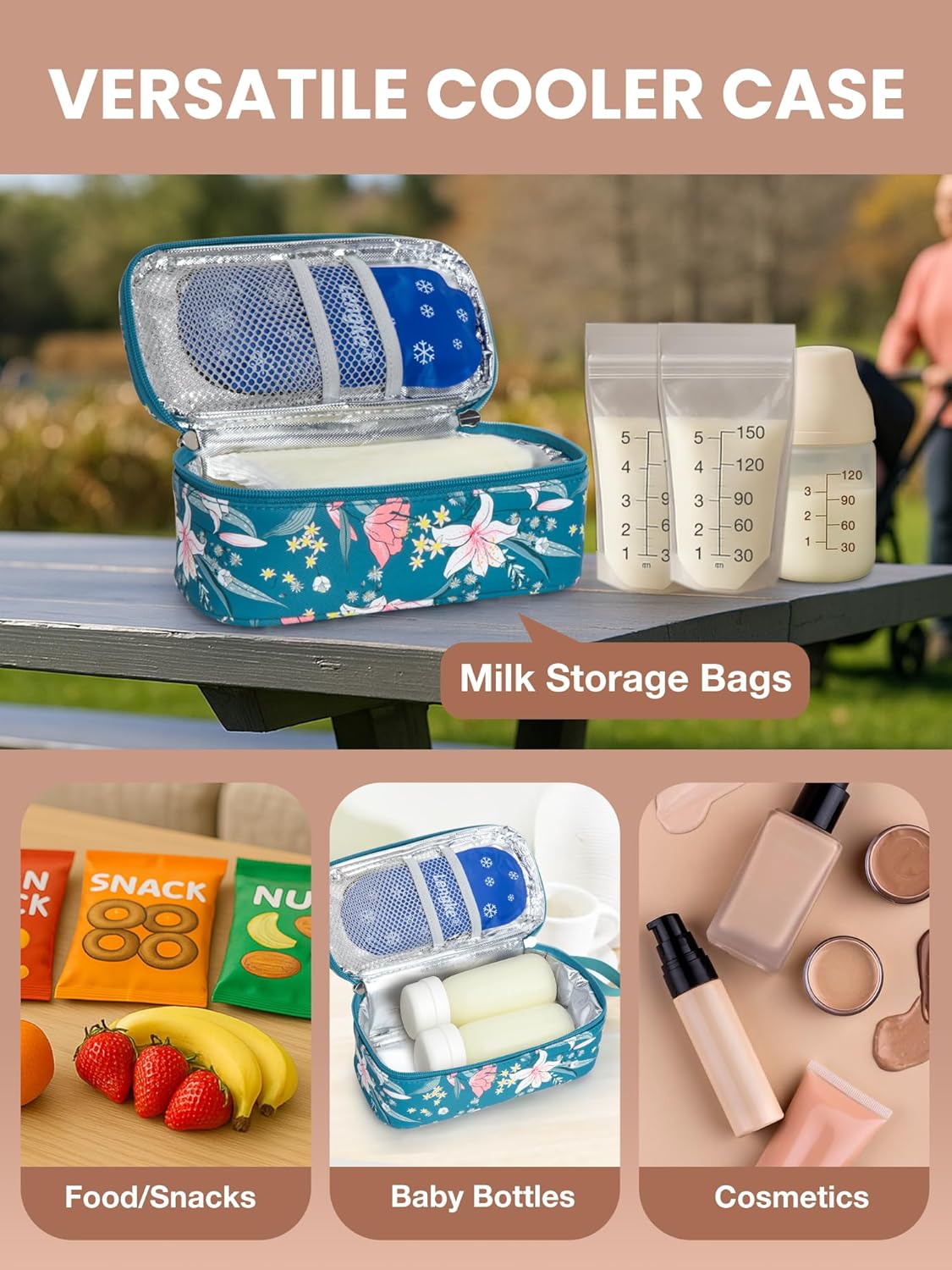 Breast Milk Cooler Travel Bag, Real-Time Temperature Display, Holds 4-6 Breastmilk Storage Bag with 2 Breast Milk Ice Pack, Cooling & Waterproof Portable Cooler for Moms on The Go(Lily)