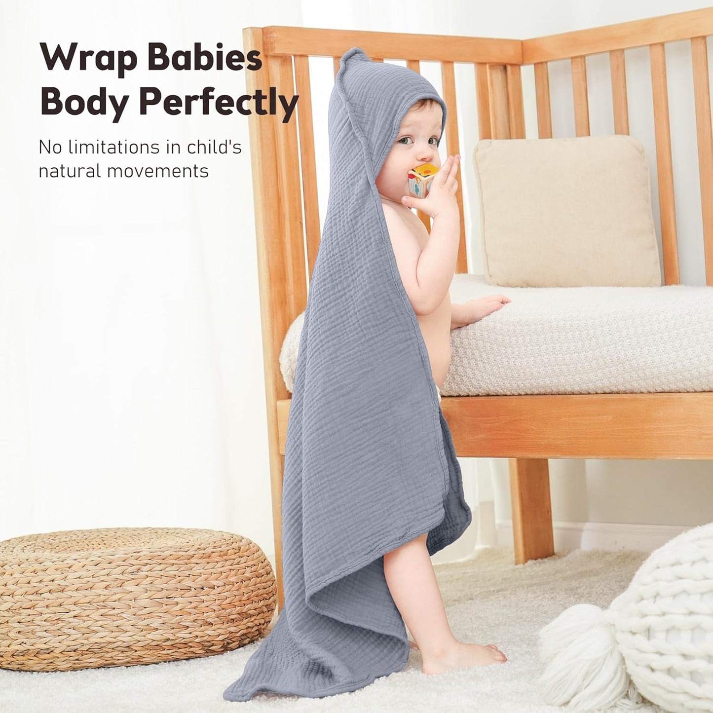 Susurration Hooded Baby Towels for Newborn 2 Pack 100% Muslin Cotton Towel for Babies,Highly Absorbent and Newborn Essential 30x30 Inch Gray&Green