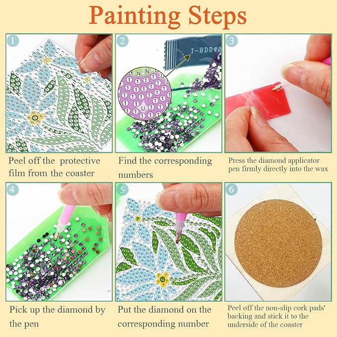 Gemozaic 8PCS Flowers Diamond Art Coasters Kits, Simple Floral Diamond Painting