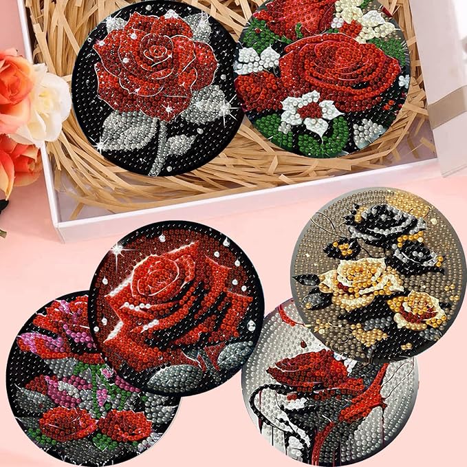 8 Pack Diamond Art Coasters, Rose Flowers Diamond Painting Coasters Kits |