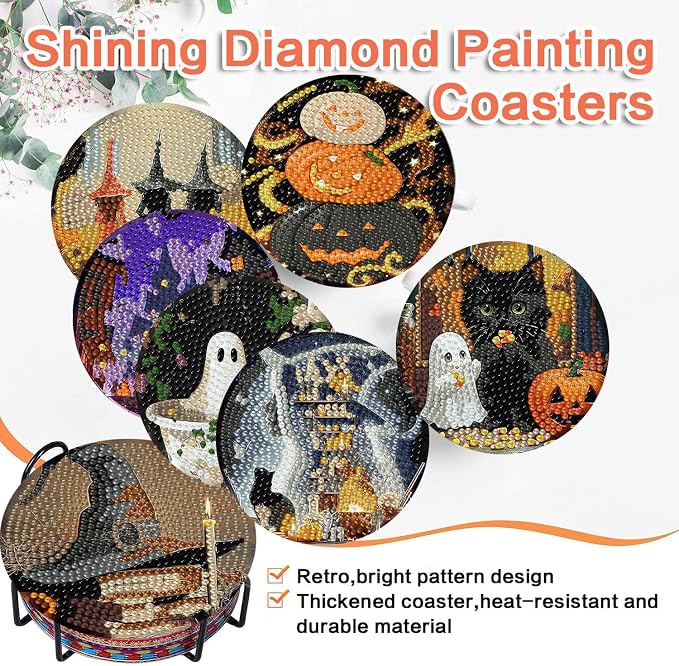 ijbnhd 8 Pcs Halloween Diamond Art Coasters Kits | Halloween Diamond Painting
