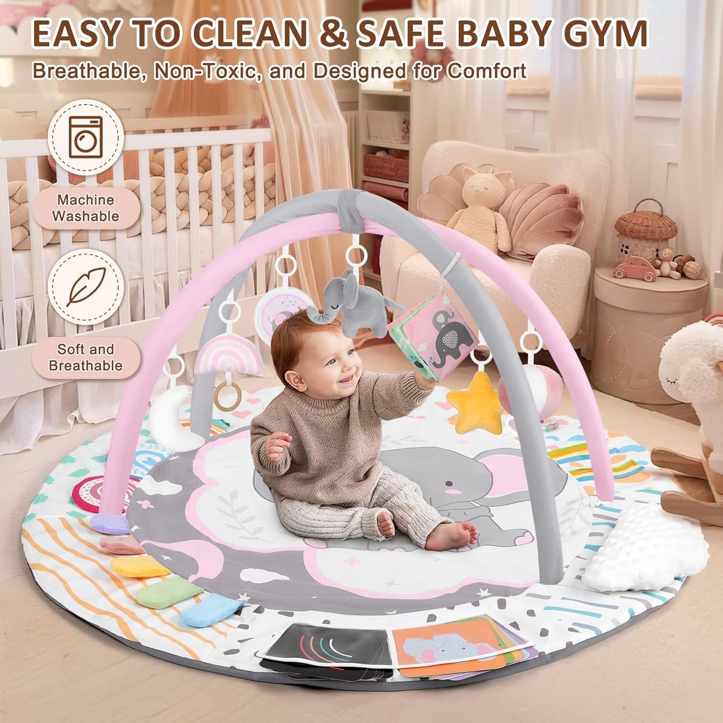 Baby Play Gym & Activity Mat, Tummy Time Mat with Tummy Time Pillow 7 Detachable Sensory Toys and Educational Cards for Motor Skills & Sensory Development, Baby Essentials Shower Gift, Pink Elephant