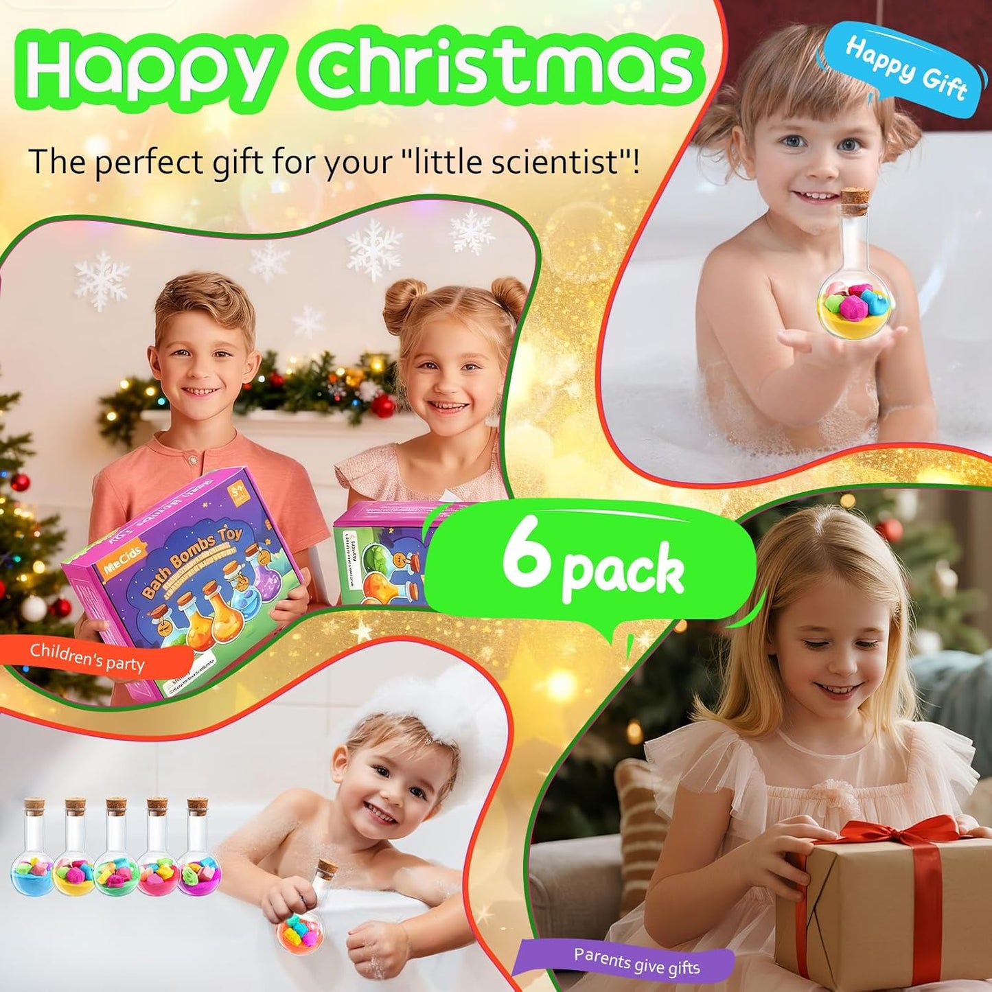 MeCids Magic Potion Bubble Bath Bombs for Kids -Bath Color Tablets Bath Potions for Toddlers Ages 4-12 Fun Science Kit Gift for Birthday, Halloween,Christmas- 6 Pack (Shaped Gems & Stars)