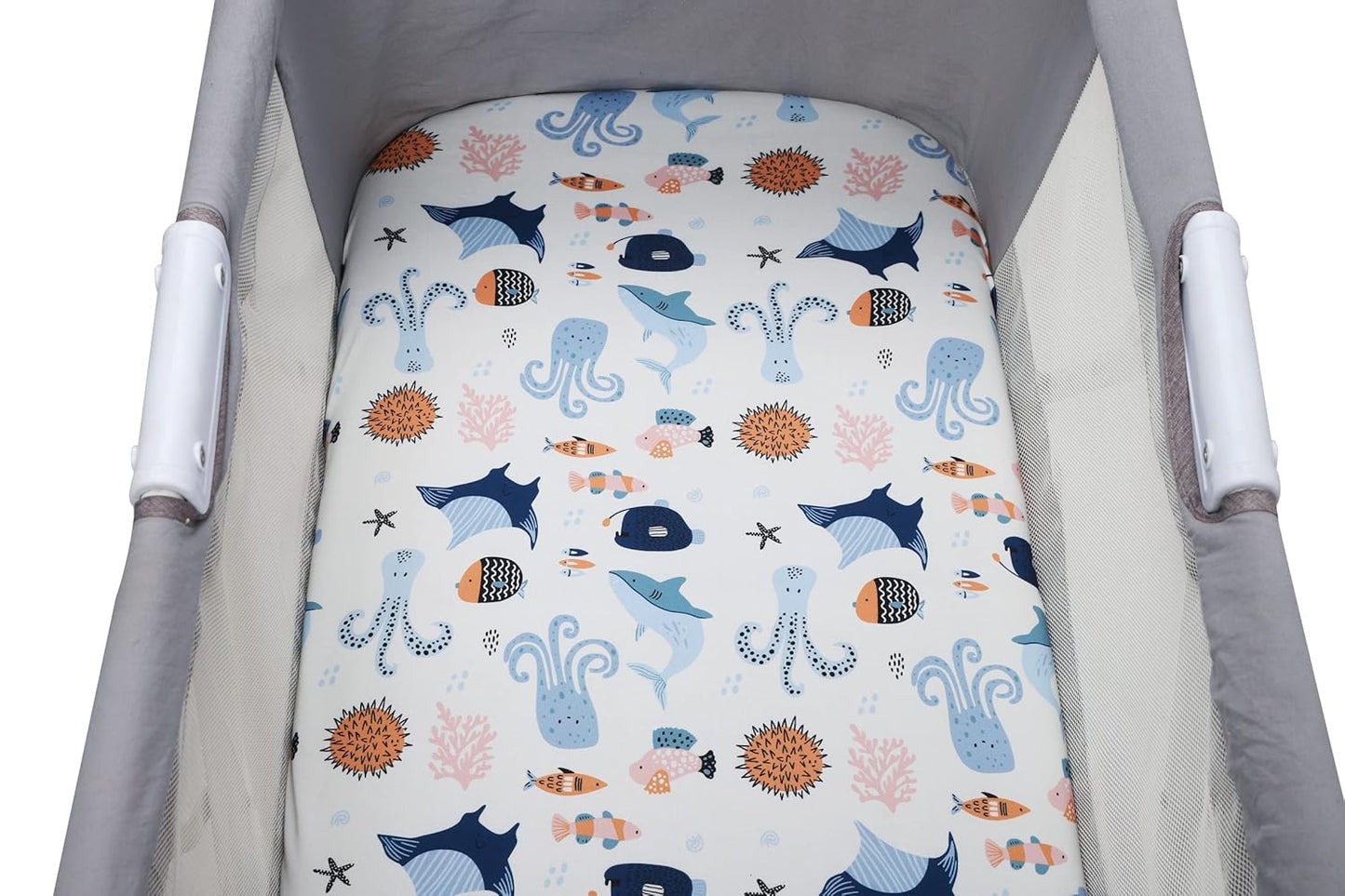 Onacosht Bassinet Sheets for Baby Boy and Girl, Stretchy Fitted Sheet Universal for Bassinet Cradle Hourglass Oval Rectangle Pad/Mattress, 4 Pack Undersea Fish, Animal and Dinosaur Printing