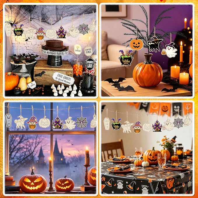 36PCS Wooden Halloween Ornaments to Paint Fall Decorations Crafts