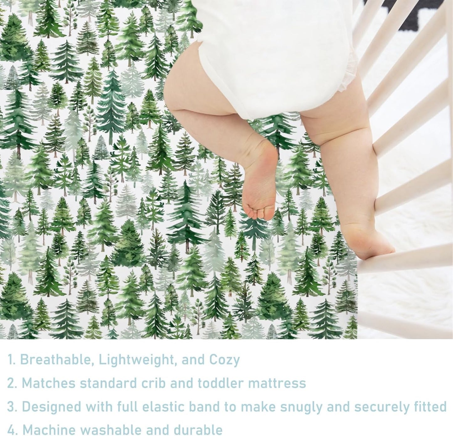 Watercolor Green Pines Baby Crib Sheet 52''x28'' Pine Trees Snug Fitted Crib Mattress Cover for Boy Girl Winter Soft Baby Bed Sheet for Standard Crib and Toddler Mattresses