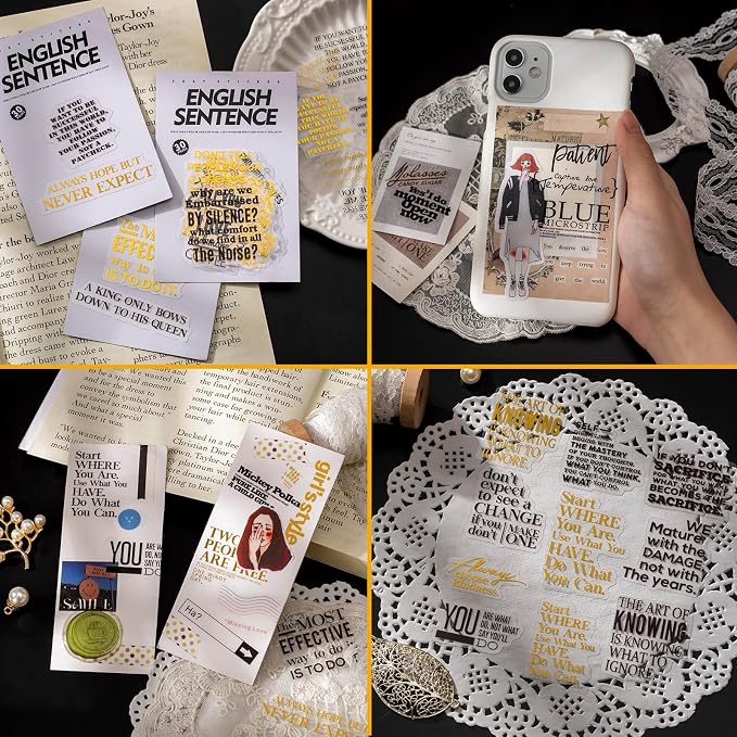 Yoksas 240Pcs Black Golden Foil Sentence Quote Stickers, Transparent Junk