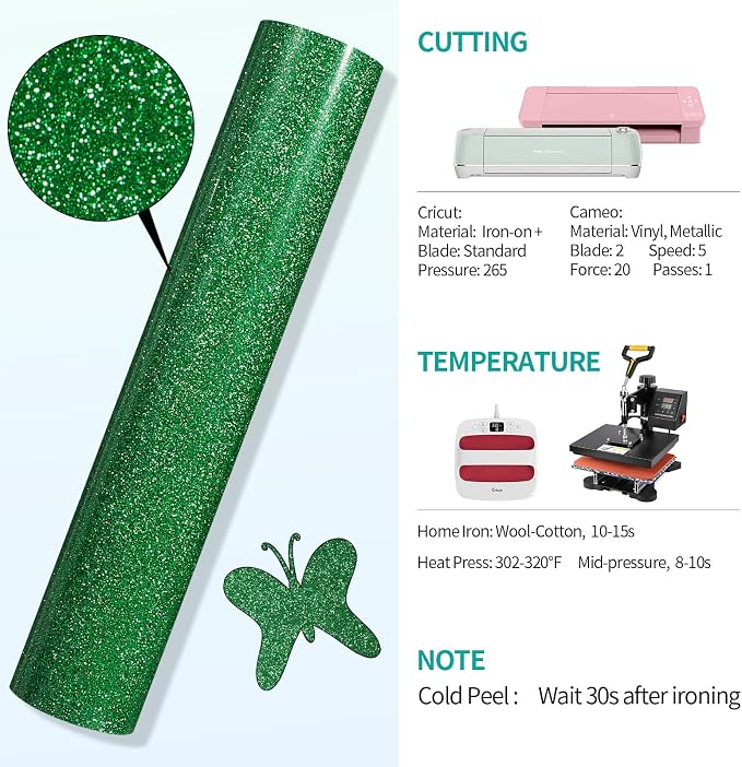 VINYL FROG Green Glitter Heat Transfer Vinyl Roll 12" x5ft Green Iron on Vinyl