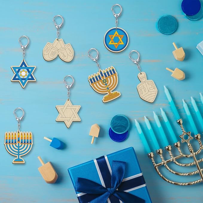 RattanView 24 Pcs Hanukkah Craft Color Your Own Keychains DIY Craft Wooden