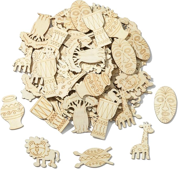 100 pcs Mixed Styles Grassland Animal Theme Unfinished Wooden Cutout Charms