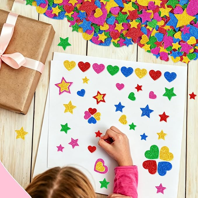 625Pcs Foam Stickers Glitter Colorful Heart Star Shapes Stickers 5Sheets 3D