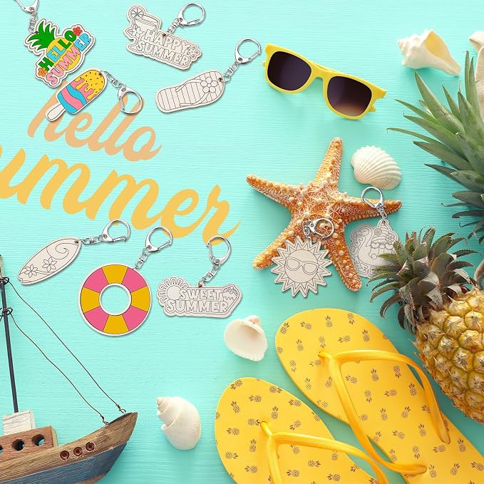 RattanView 24 Pcs Summer Party Craft Color Your Own Keychains Diy Craft Wooden