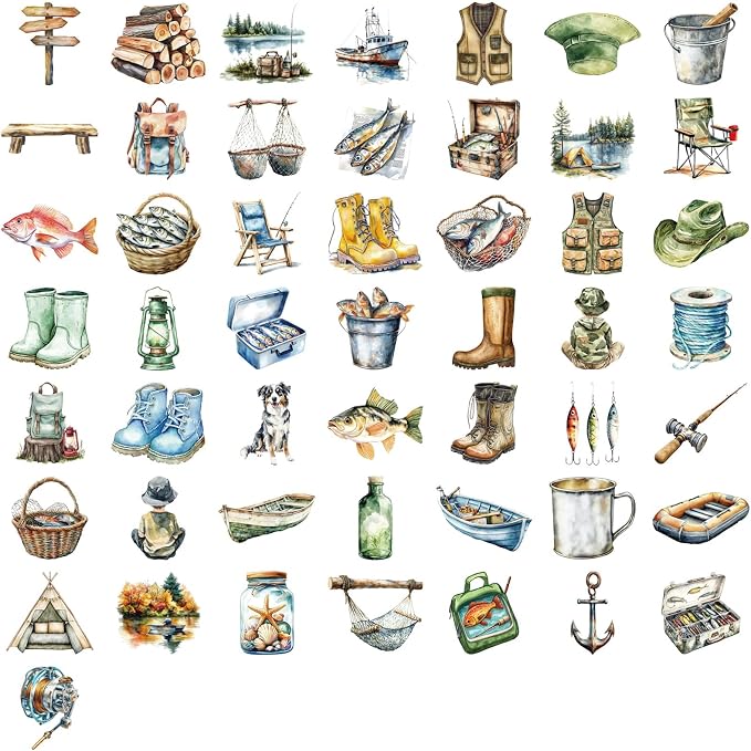 50 Cartoon Outdoor Fishing Stickers, Suitable