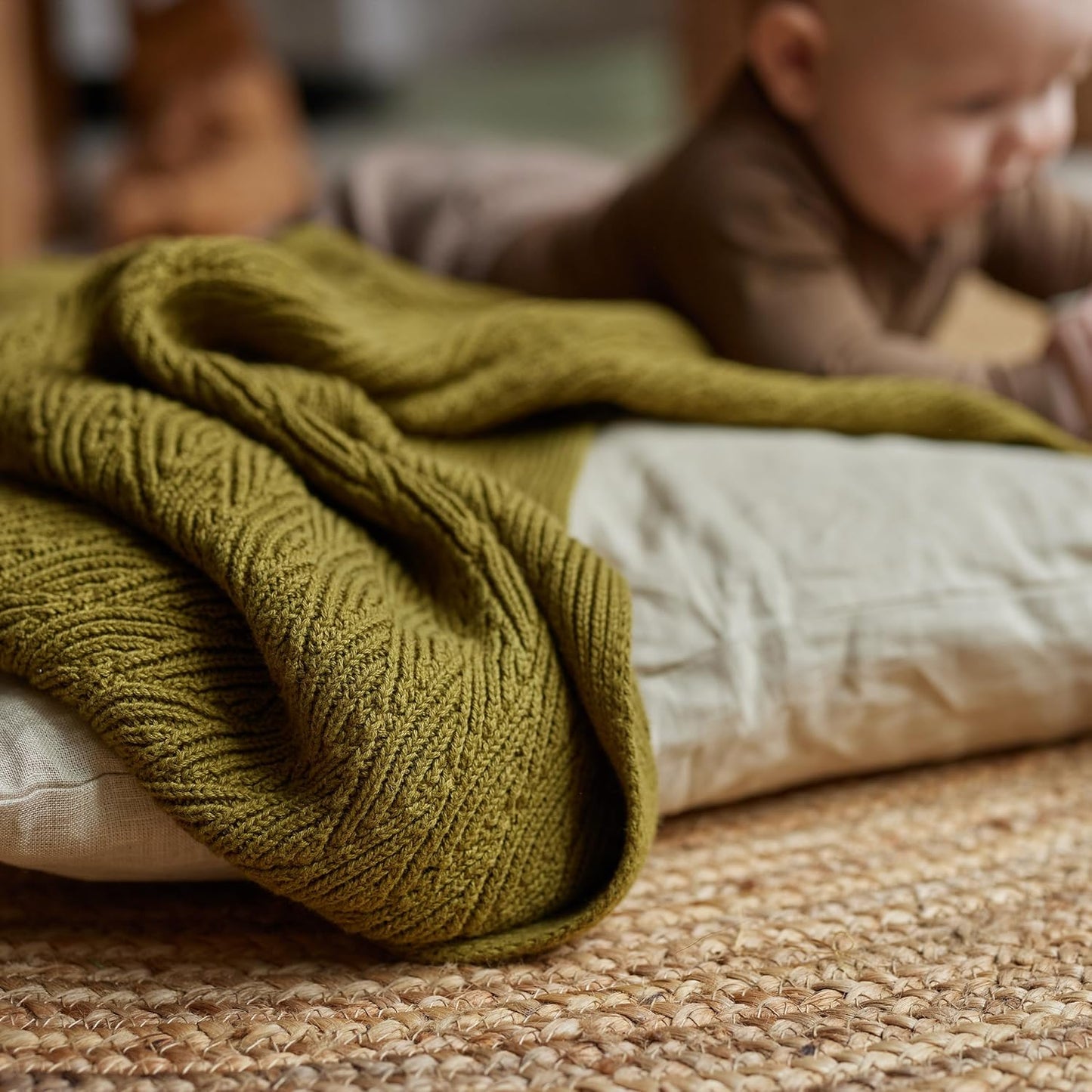 Knitted Organic Cotton Baby Blanket- Swaddle Blanket, 30" x 40" Soft Receiving Blanket for Newborn (Moss Green)