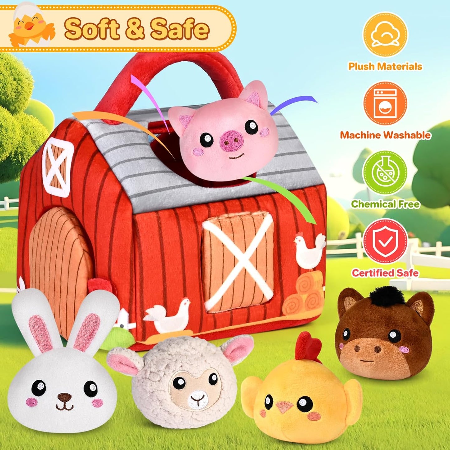 Baby Toys 0-6 6-12 Months, Plush Big Red Barn with Farm Animals, Soft Sensory Toys with Crinkle, Rattles for 0-3-6-9-12 Month Newborn Infant, Christmas Easter Birthday Gifts for Baby Boys Girls