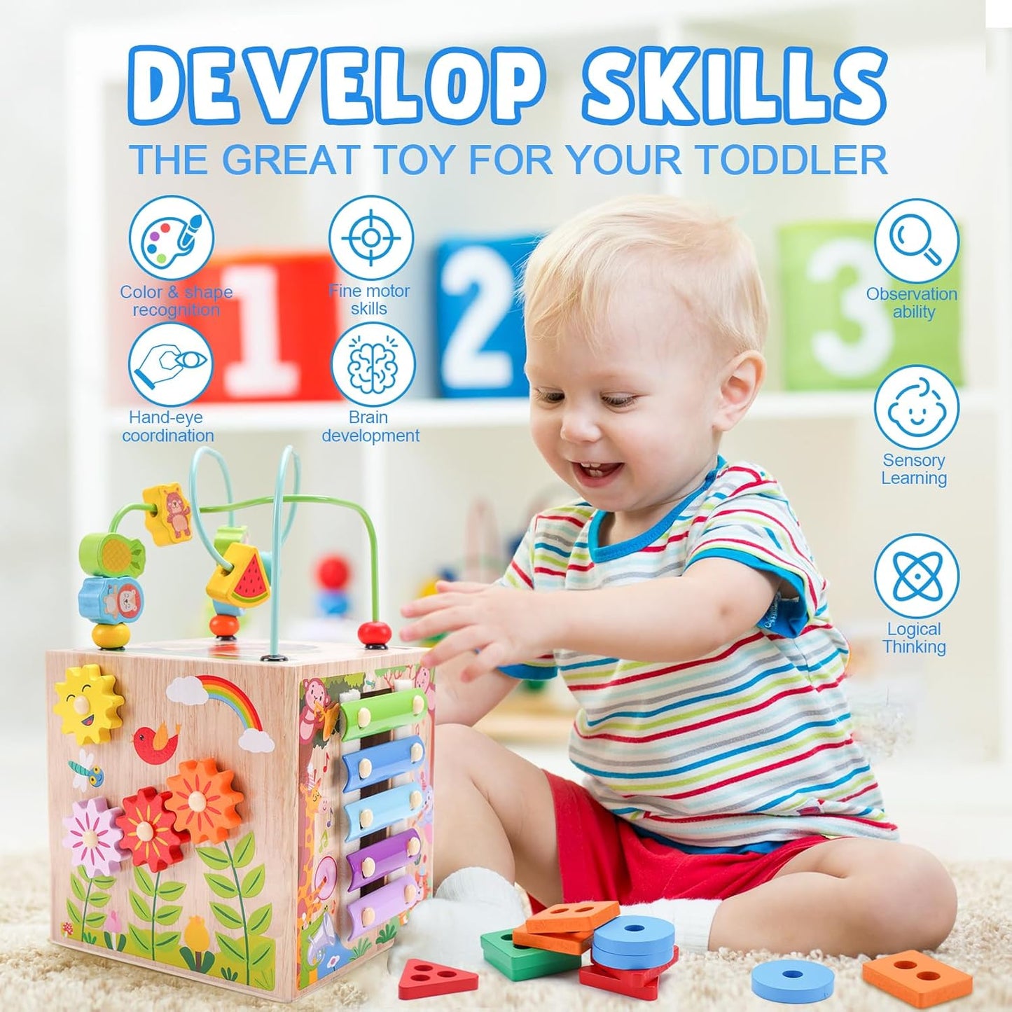 Wooden Activity Cube | Montessori Toys for 1 2 3 Year Old Toddlers | One Year Old 1st 2st First Birthday Gift | Educational Toys for 12+ Months Baby Boys Girls | Bonus Sorting & Stacking Game (Blue)