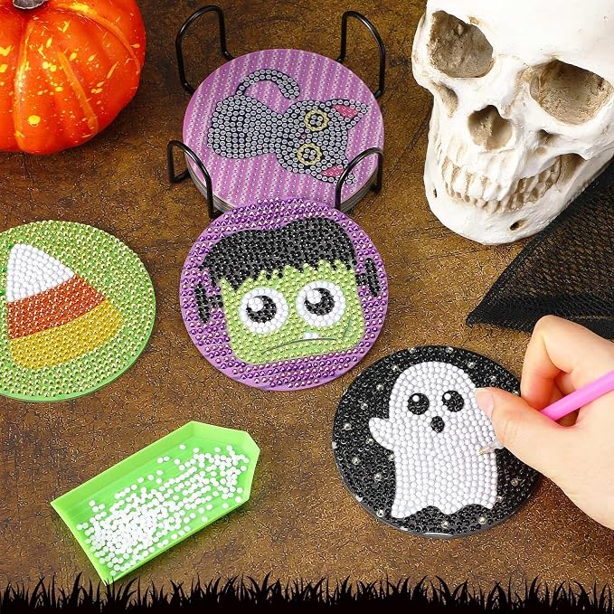UPINS 8Pcs Halloween Diamond Art Painting Coasters Kits