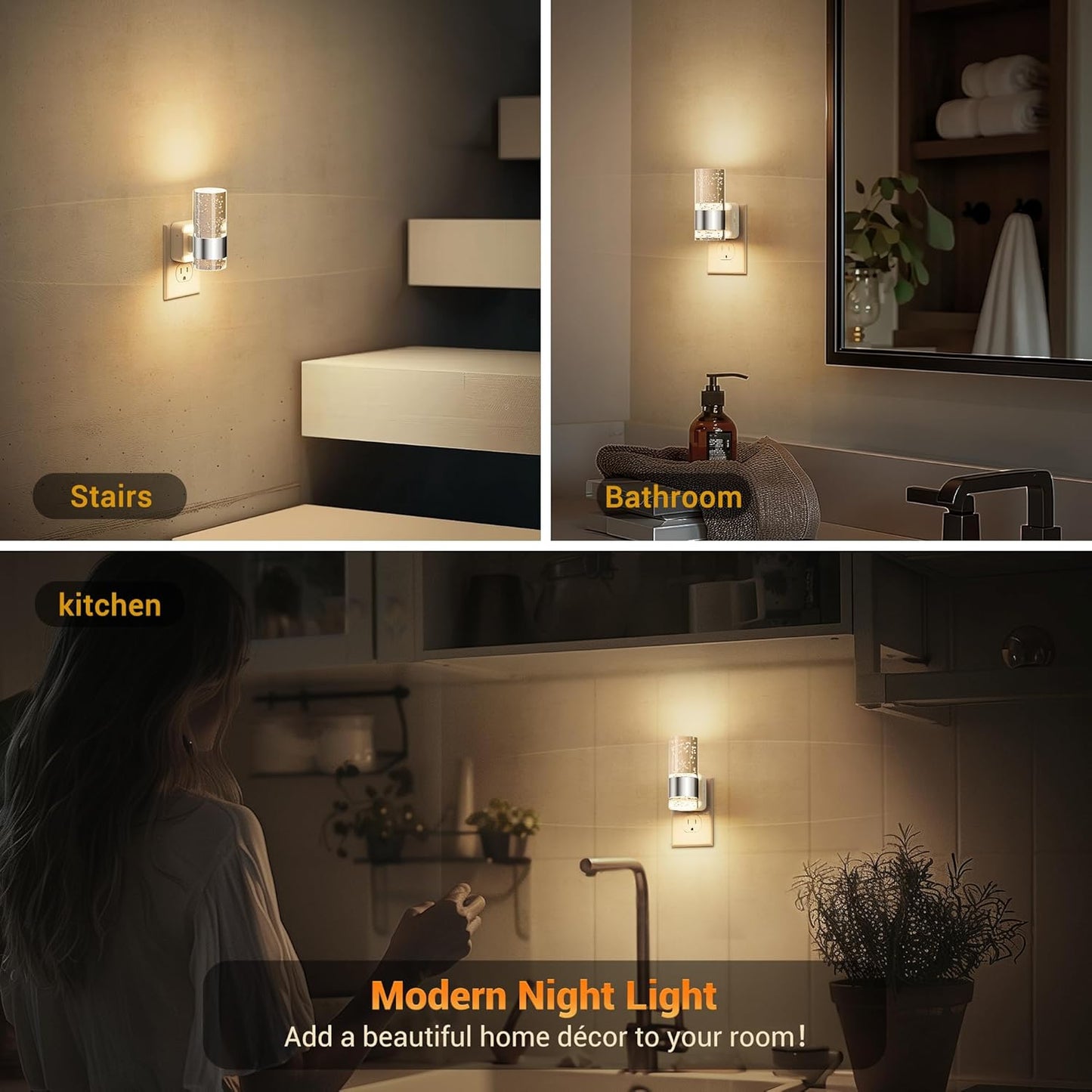 JandCase Night Light, Night Lights Plug into Wall,3000K Warm White LED Nightlight with Adjustable Brightness, Automatic Night Light Plug in with Light Sensor for Bathroom Hallway Room Decor