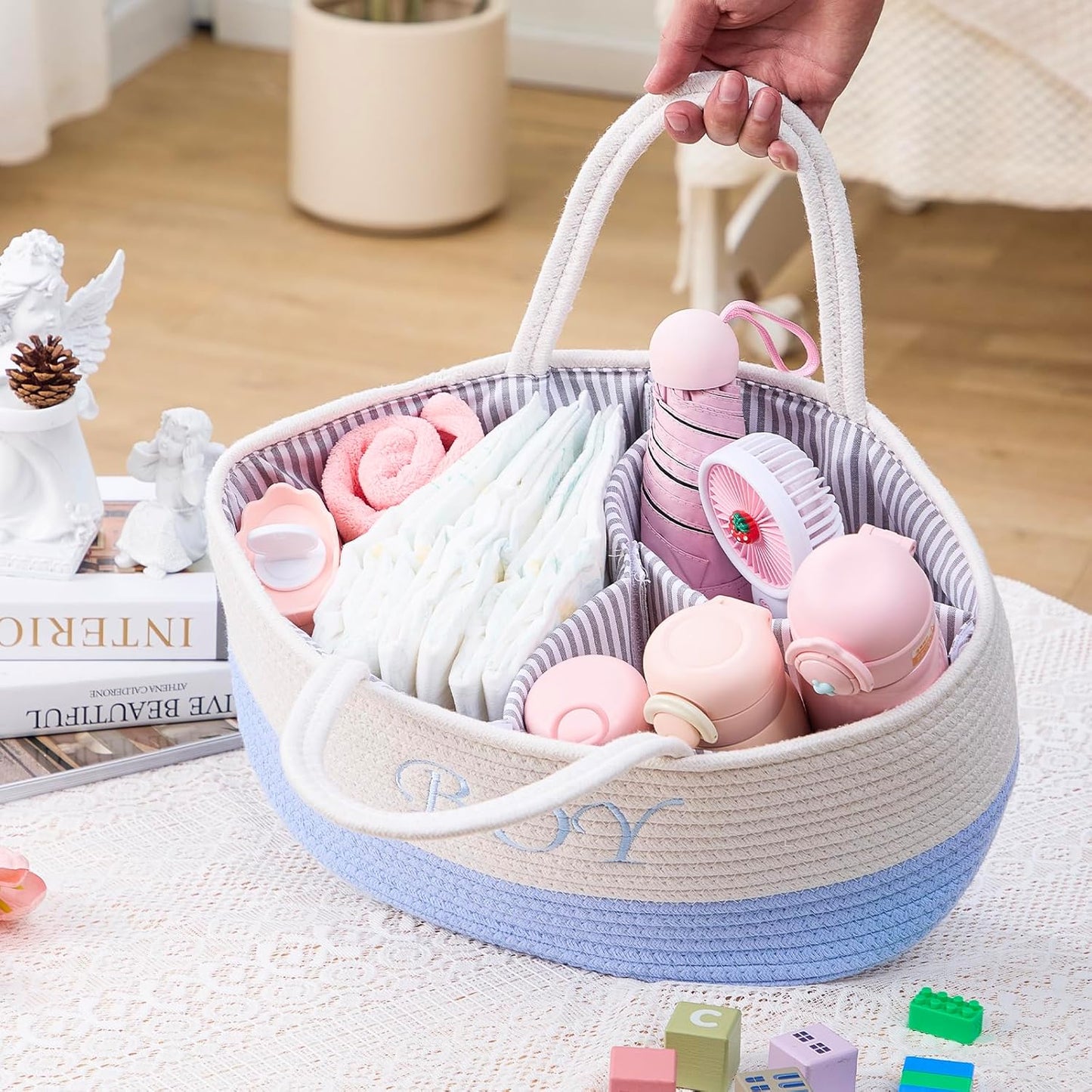 DUHEL Diaper Caddy Organizer with Handle,Baby Basket use for Diaper Organizer and Storage,Baby Boys Newborn Essentials,3 Compartments-Cotton rope Material Storage for Home or Travel.(White&Blue)