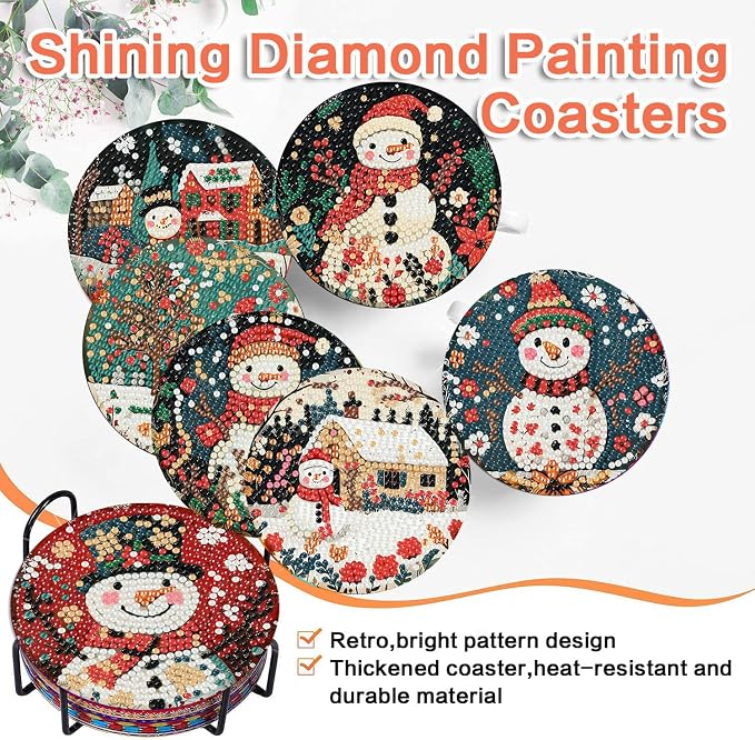 ijbnhd 8 PCS Diamond Art Coasters, Christmas Snowman Cork Wooden Pad | Diamond