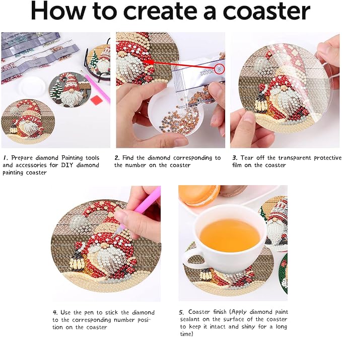 Clendo 8 PCS Christmas Gnome Diamond Art Coaster Kits