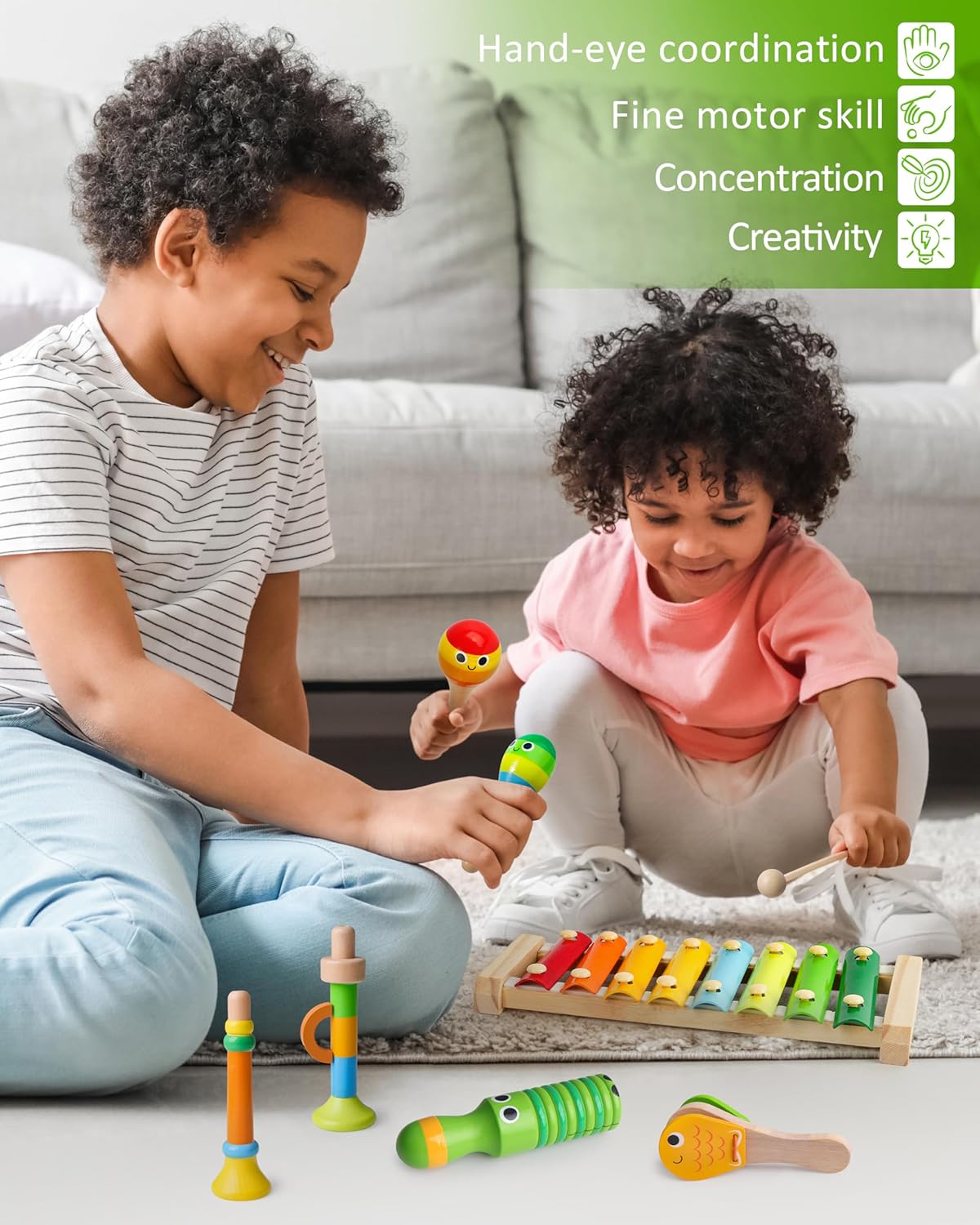 Coogam Wooden Musical Instruments for Toddlers, Tambourine Xylophone Castanet Flute Maracas Playset, Wood Percussion Rhythm Music Toy, Montessori Educational Learning Gift