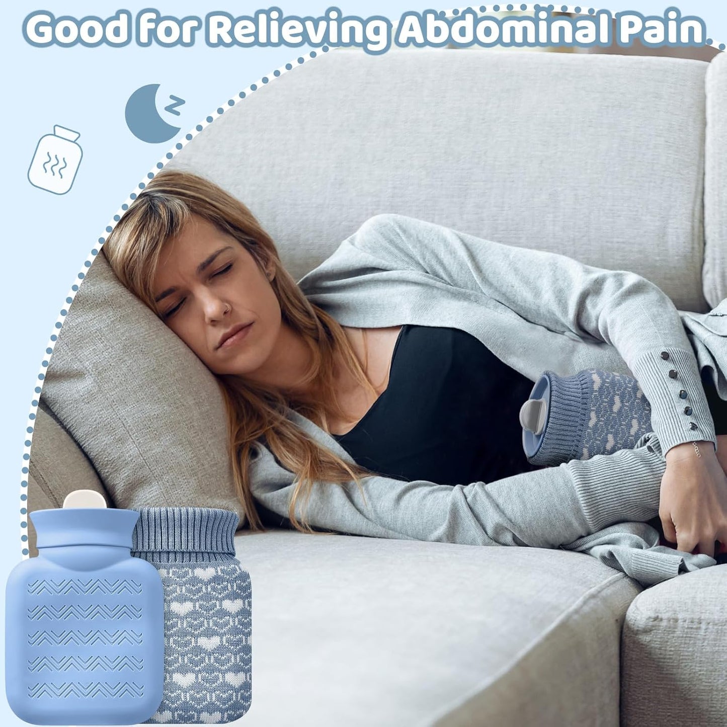 Amylove Mini Hot Water Bottle 320ml for Hot & Cold Compress with Cover Silicone Microwave Heating Small Water Bag for Travel Pain Relief Holiday Gifts(Stone Blue)