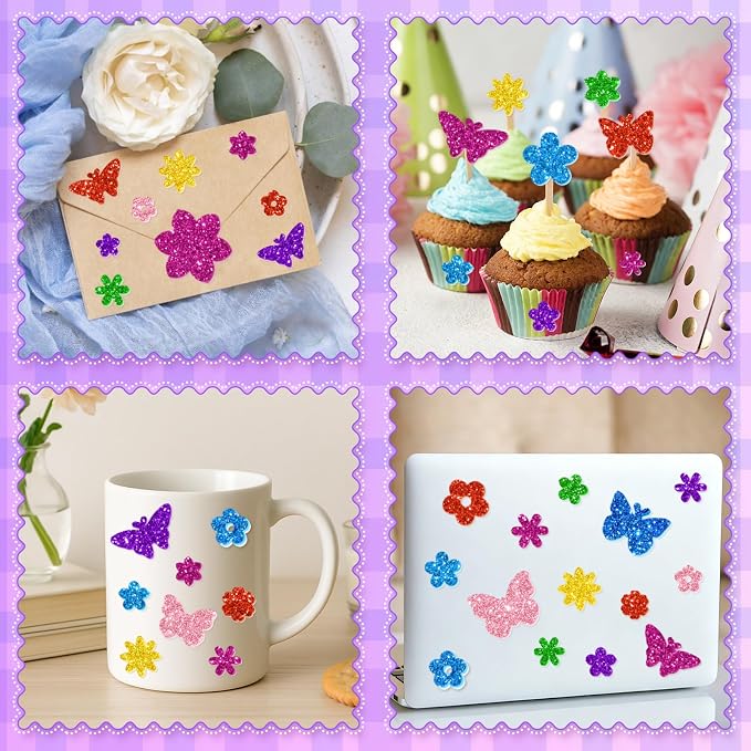 512 PCS Glitter Foam Stickers, Colorful Flower & Butterfly Shapes Foam Stickers